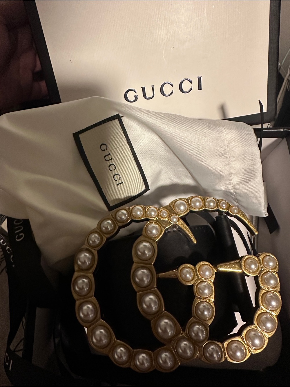 Gucci Gold Pearl Double G Statement Belt Buckle